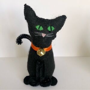 Black Cat Felt art doll hand-sewn handmade Orange ribbon bell